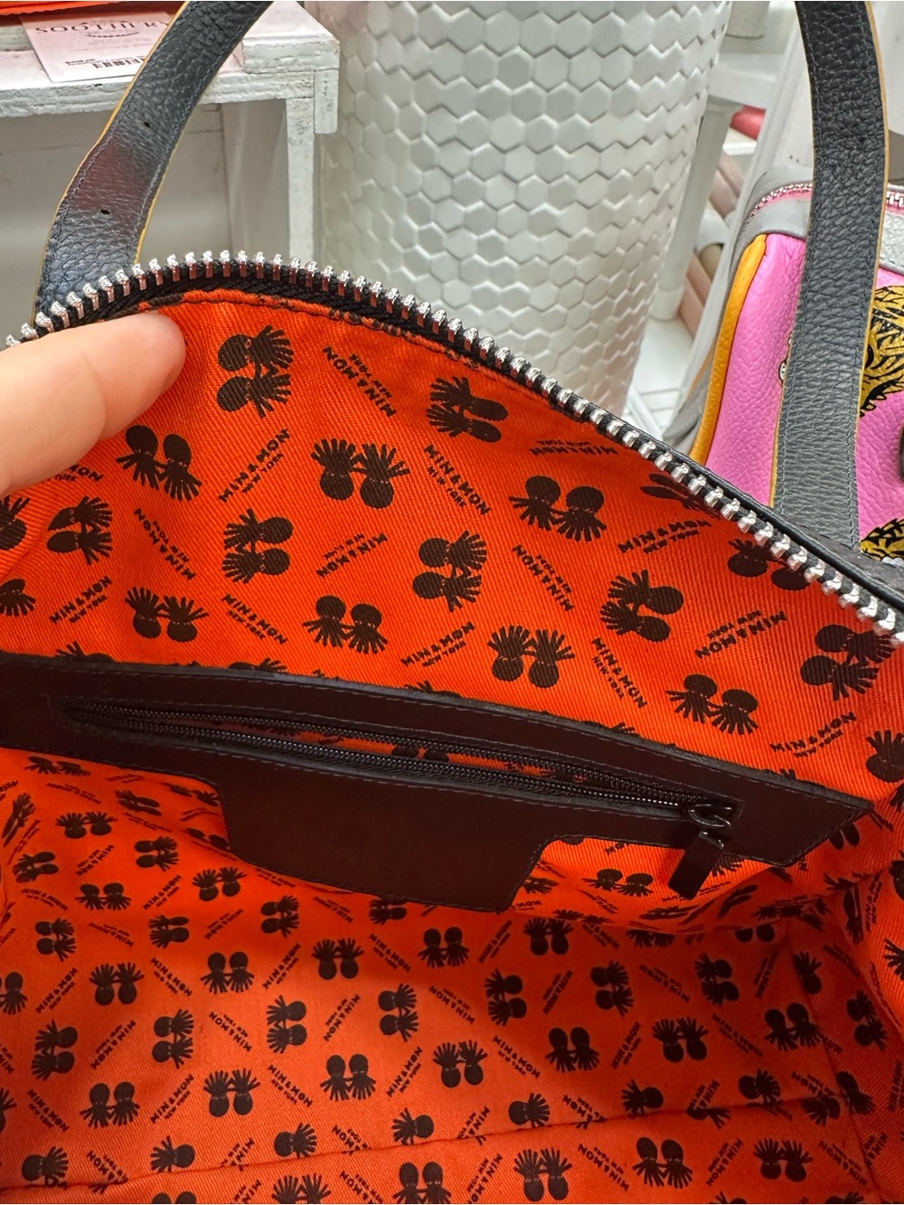 Min & Mon Esther Black Satchel Leather Bag with Multicolor Tiger Print - Picture 4 of 8